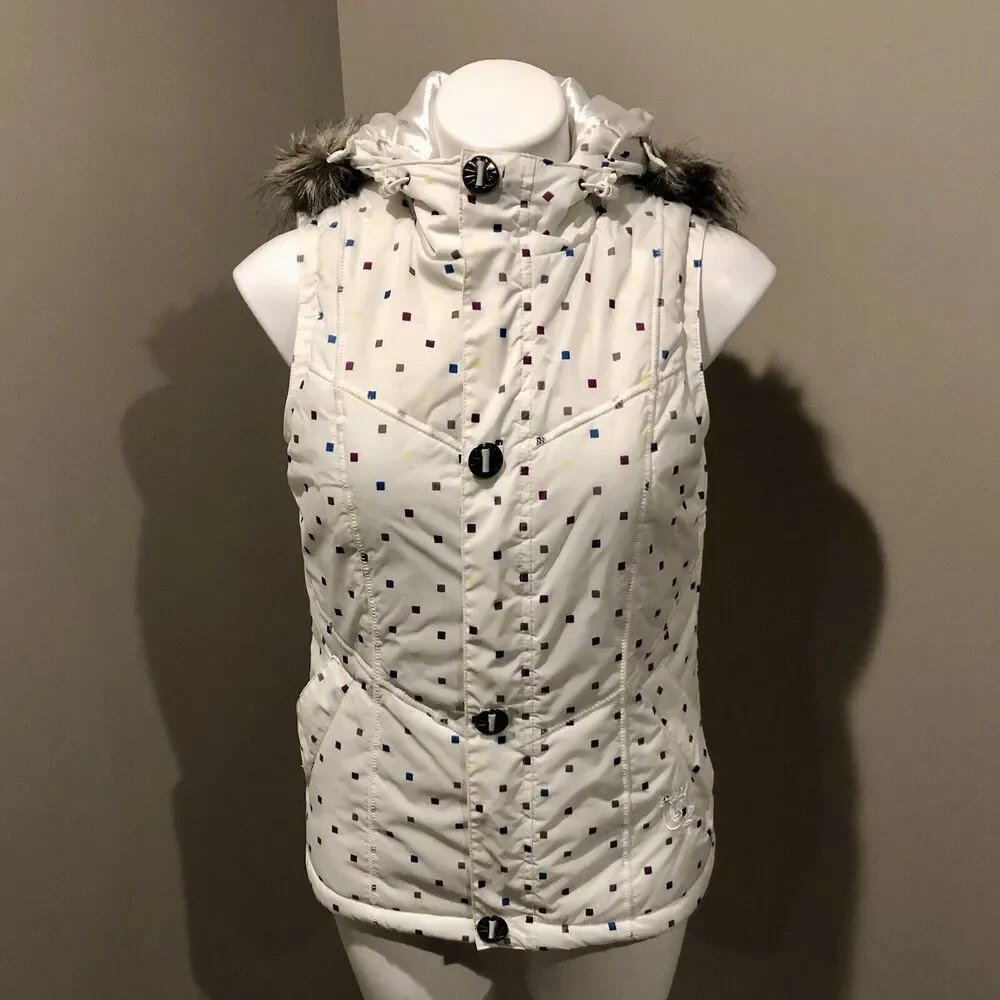 Burton Dryride Puffer Vest Small Cream Hooded Faux Fur Trim Zip Snap Pockets - Picture 12 of 12